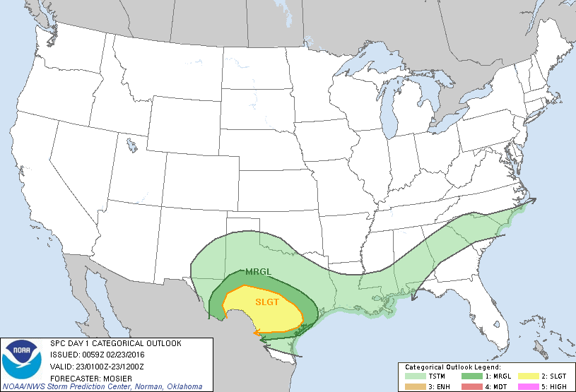 Storm Prediction Center Feb 23, 2016 Evening Outlook