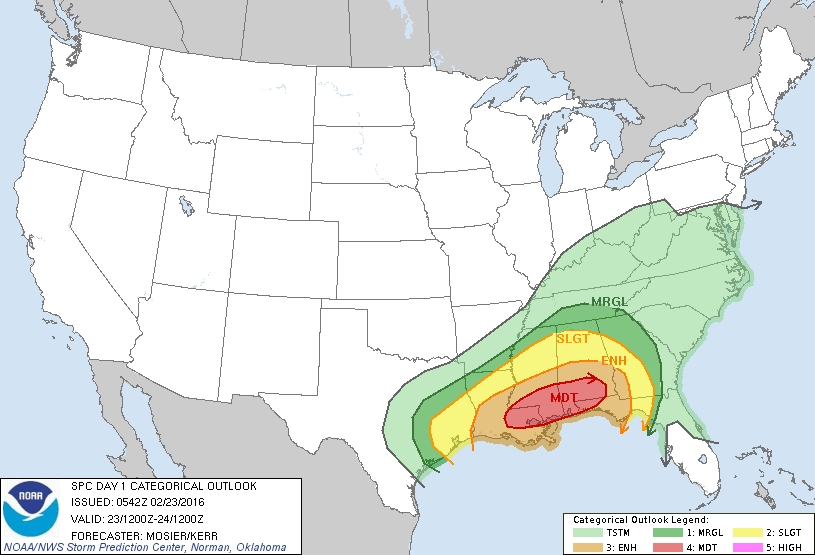 Storm Prediction Center Feb 23, 2016 Early Morning UTC Day 1 Convective Outlook