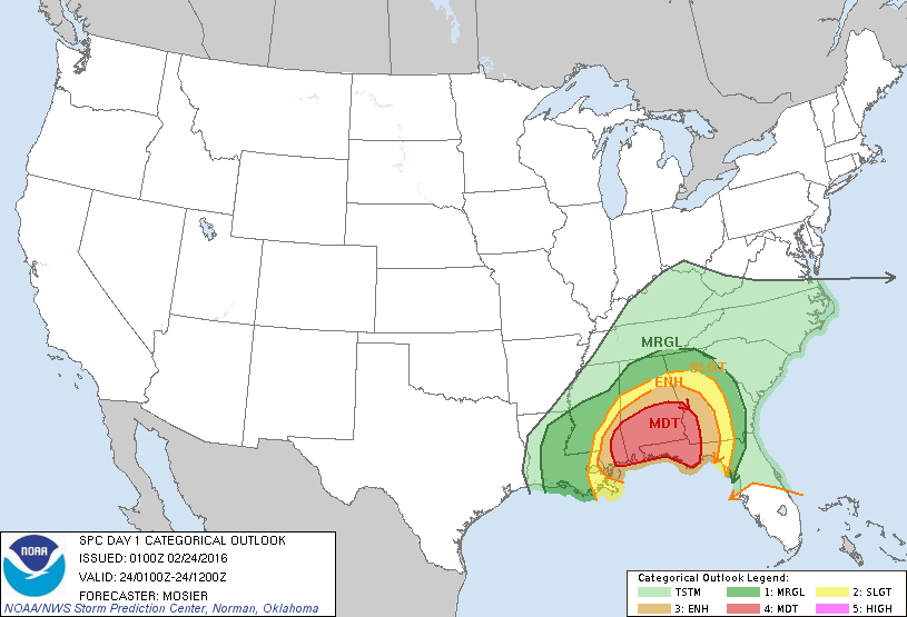 Storm Prediction Center Feb 24, 2016 Evening Outlook