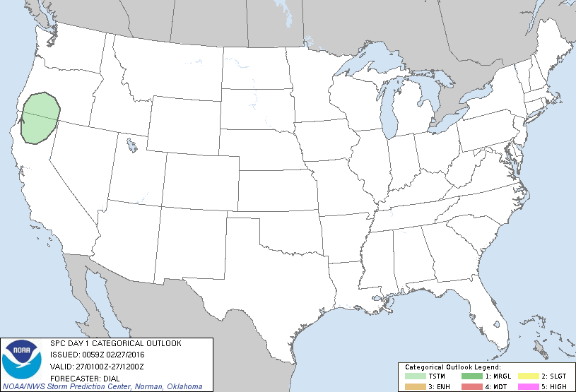 Storm Prediction Center Feb 27, 2016 Evening Outlook