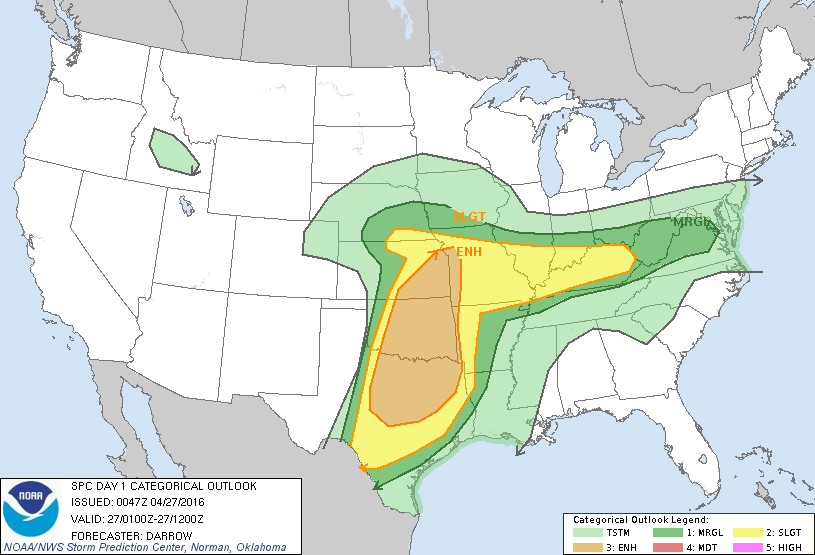 Storm Prediction Center Apr 27, 2016 UTC Evening Outlook