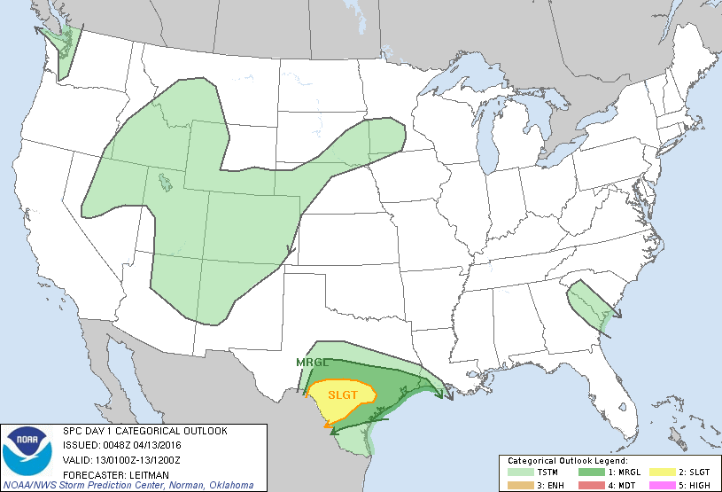 Storm Prediction Center Apr 13, 2016 Evening Outlook