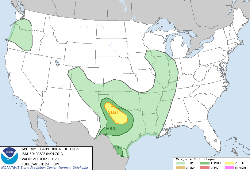 Storm Prediction Center Apr 21, 2016 UTC Evening Outlook