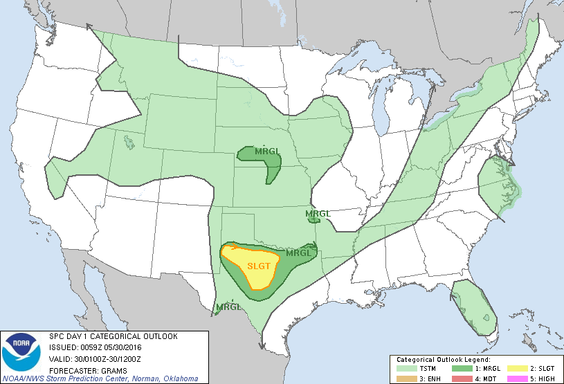 Storm Prediction Center May 30, 2016 UTC Evening Outlook