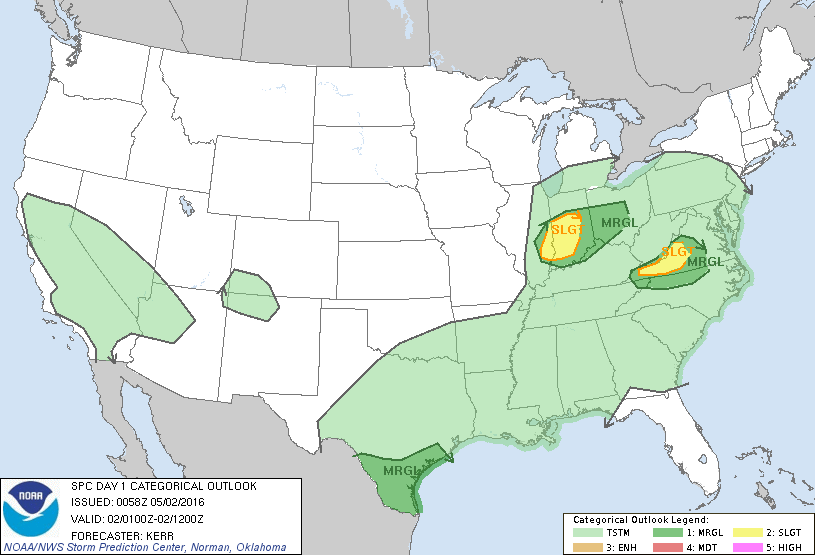 Storm Prediction Center May 2, 2016 UTC Evening Outlook