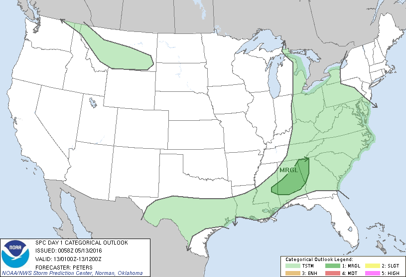 Storm Prediction Center May 13, 2016 UTC Evening Outlook