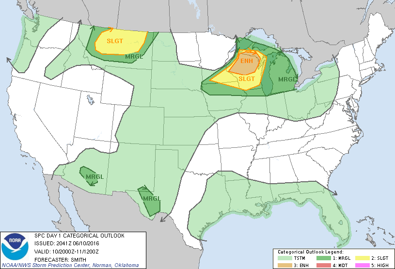 Storm Prediction Center Jun 10, 2016 Late Morning Outlook