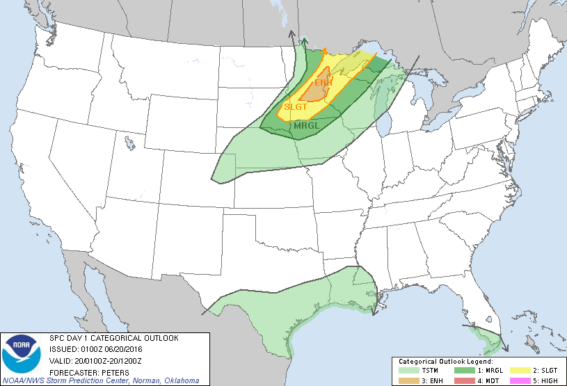 Storm Prediction Center Jun 20, 2016 UTC Evening Outlook