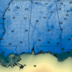 I'm not sure what your app is seeing, But there is no snow in the forecast data for South Mississippi